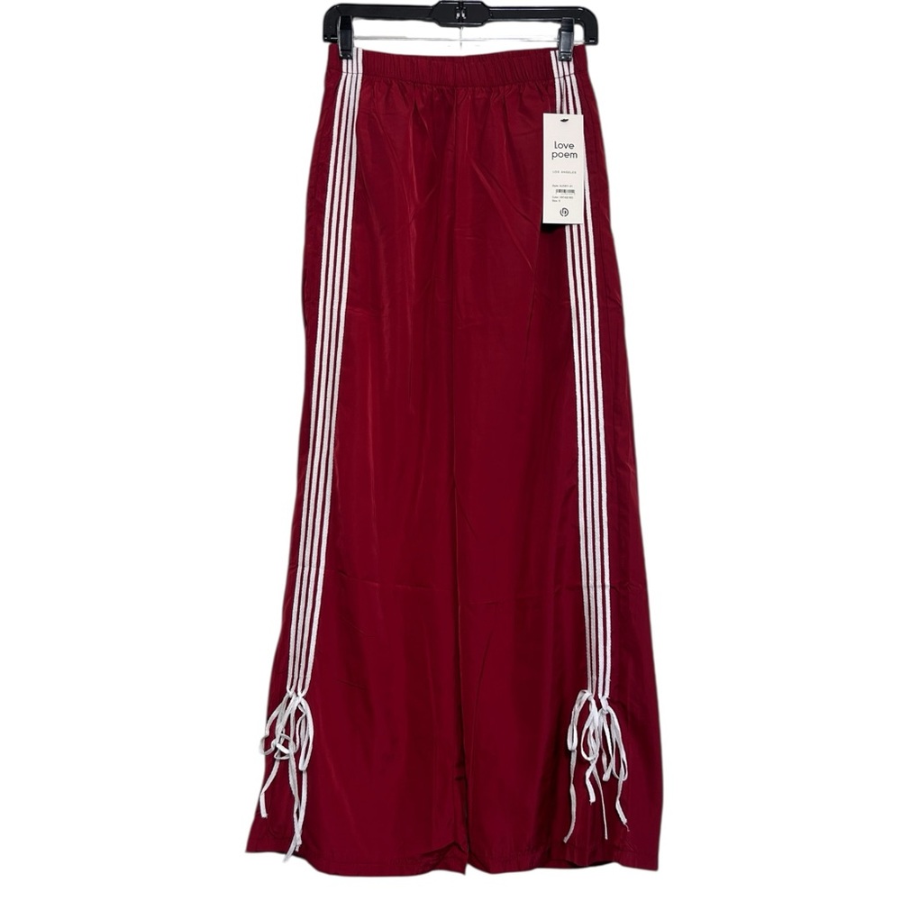 Wine Red Wide Leg Track Pants with Side Stripes and Bows